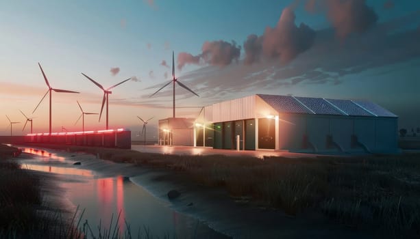 A wind farm with a red C on a white building by AI generated image.