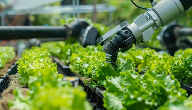 A robot is watering a field of lettuce by AI generated image.