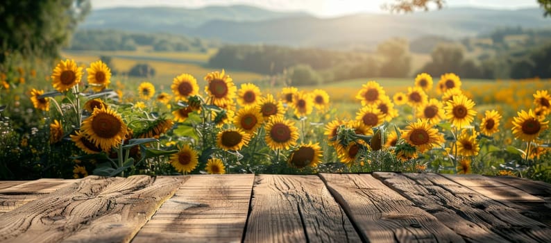 A wooden table with a view of a field of yellow sunflowers by AI generated image.