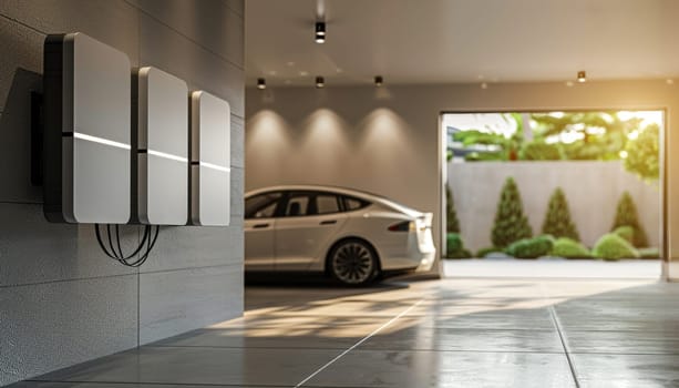 A white Tesla car is parked in a garage with three Tesla battery chargers by AI generated image.