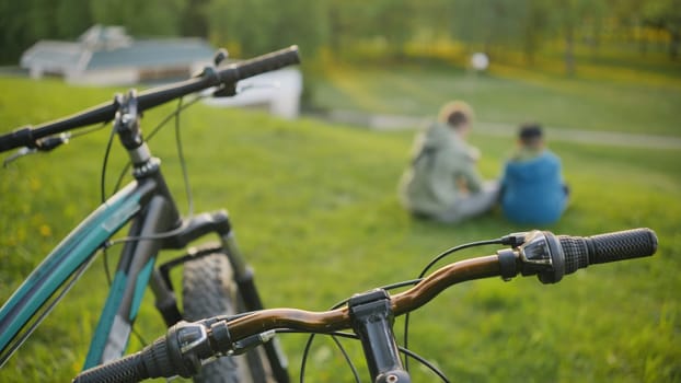 Two boys relaxing in the park in front of their bicycles