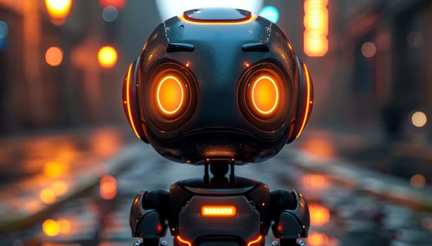 A robot with orange eyes stands in front of a street light by AI generated image.