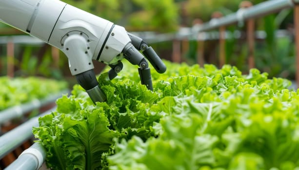 A robot is watering a field of lettuce by AI generated image.