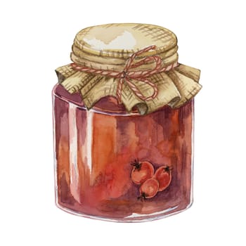 Rose hip jam in glass jar with canvas burlap fabric lid and twine rope bow. Rosehip berry breakfast jelly watercolor illustration for printing, food packaging, labels, cards, stickers, scrapbooking