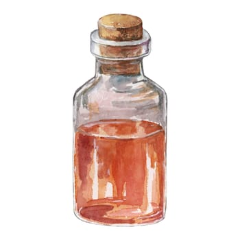 Rose hip essential oil in the glass bottle with cork. Cosmetic rosa canina seed oil clipart for face and body. Watercolor illustration for packaging, organic products, beauty, perfumery, labels