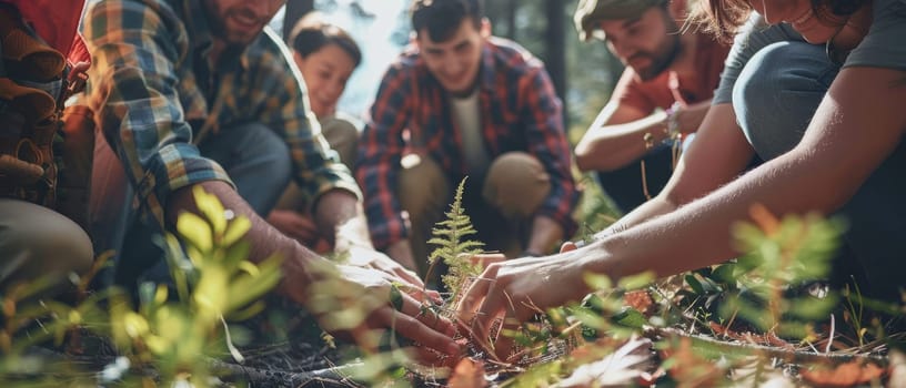 A group of people are gathered around a plant, with some of them kneeling down by AI generated image.