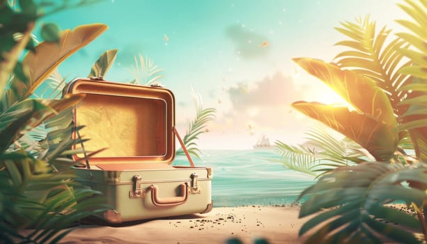 A suitcase is sitting on the sand next to the ocean by AI generated image.