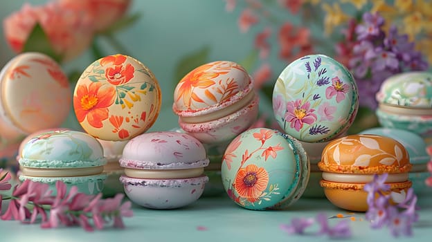 Colorful macarons with handpainted flowers, perfect for a spring event. The sweet treats feature intricate patterns and vibrant hues, resembling Easter eggs nestled in a bed of grass