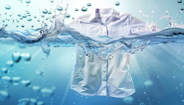 A shirt is being washed in a bathtub with water splashing around it by AI generated image.