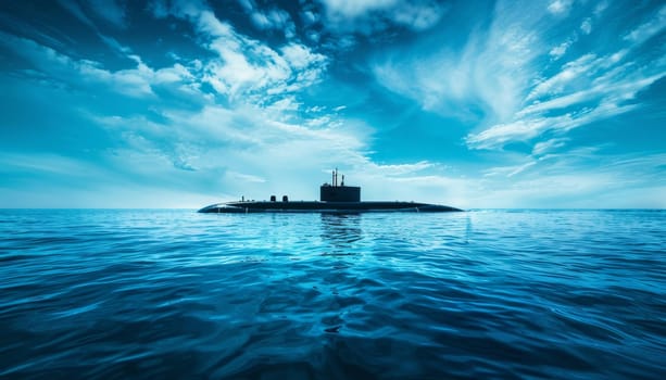 A submarine is flying through the sky over the ocean by AI generated image.