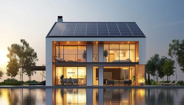 A house with solar panels on the roof and a solar panel on the side by AI generated image.