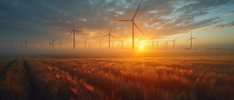A field of wind turbines with a sun setting in the background by AI generated image.
