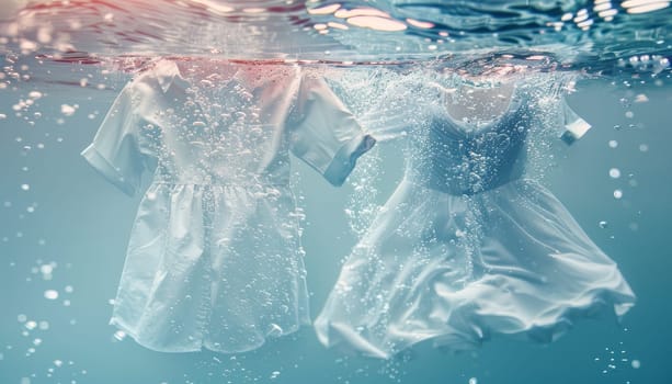 Two white dresses are in the water, one is a shirt and the other is a dress by AI generated image.