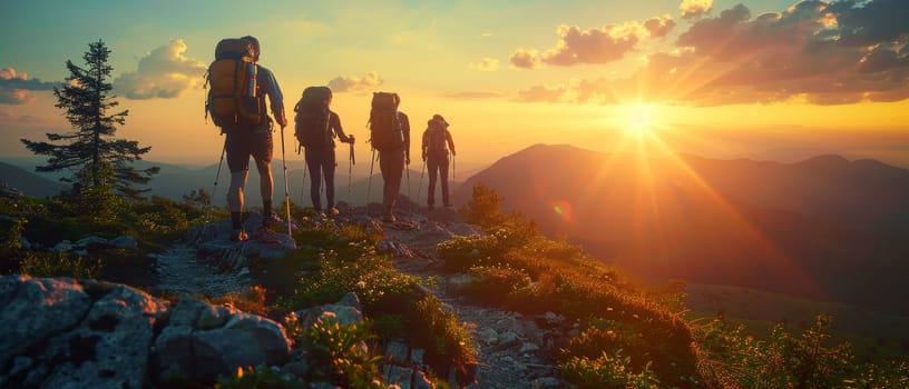 A group of four people are hiking up a mountain by AI generated image.