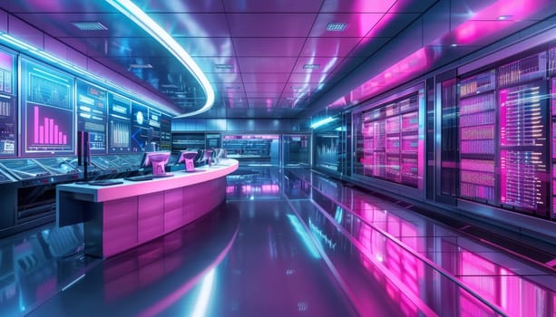 A futuristic room with neon lights and a pink counter by AI generated image.