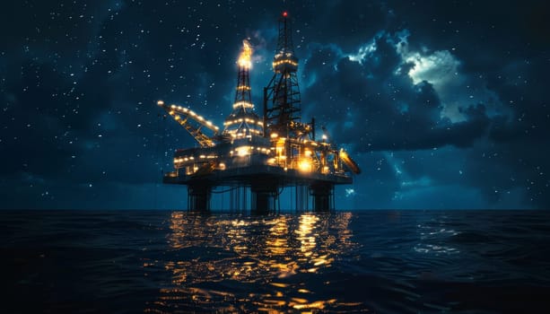 A large oil rig is floating in the ocean with a storm in the background by AI generated image.