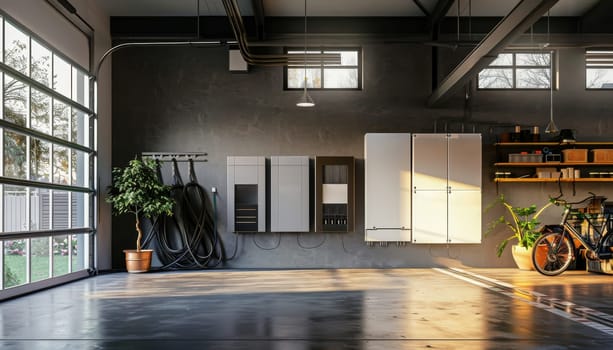 A garage with a clock on the wall and a potted plant by AI generated image.