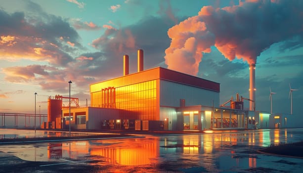 A large industrial building with smoke coming out of it by AI generated image.