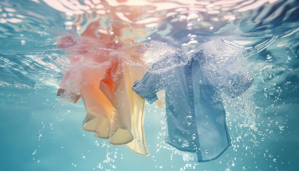 Two shirts are in the water, one is yellow and the other is blue by AI generated image.