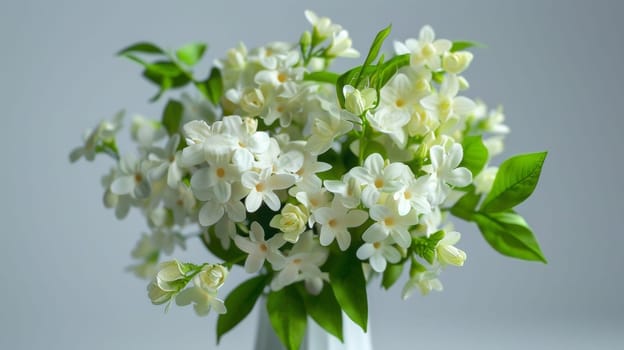 A white vase with flowers in it on a gray background