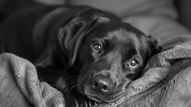 A black and white photo of a dog laying on top of the couch