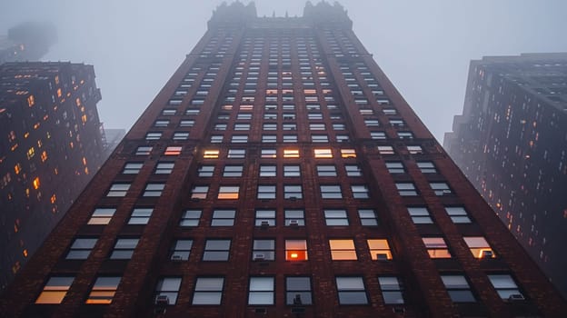 A tall building with windows lit up in the fog