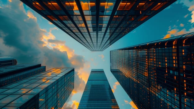 A view of a group of tall buildings looking up at the sky