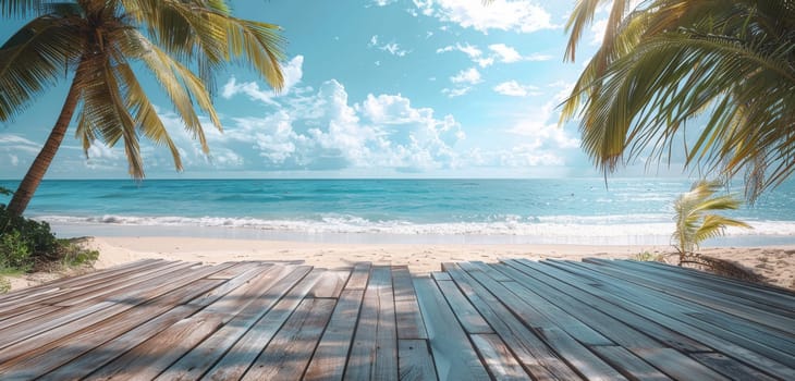 A beautiful beach scene with a wooden boardwalk and palm trees by AI generated image.