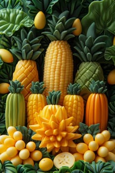 A bunch of fruits and vegetables are arranged in a pattern
