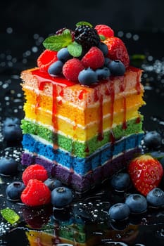 A close up of a rainbow cake with berries and syrup