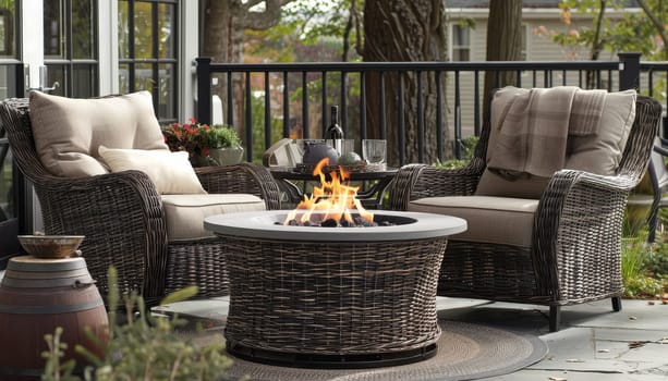 A patio set with a fire pit and a pool by AI generated image.