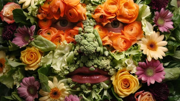A face made of flowers and vegetables arranged in a circle