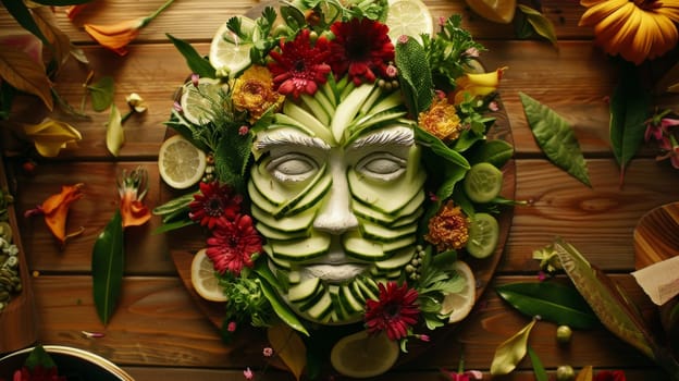 A face made of vegetables and flowers on a wooden table