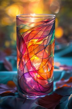 A glass vase with a colorful design on the outside
