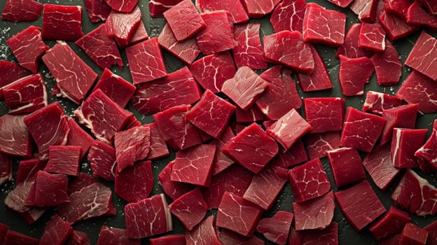 A pile of raw meat is cut into pieces and sitting on a table