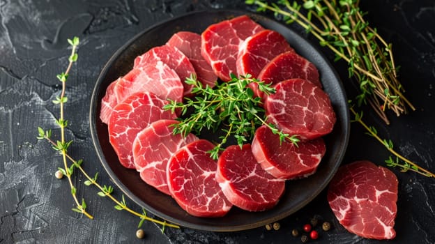 A plate of raw meat with herbs and spices on a black table