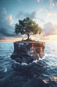 A tree is growing on a rock in the middle of water