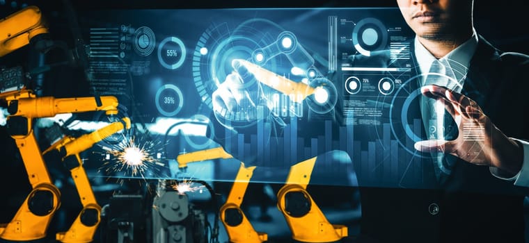 XAI Advanced robot arm system for digital industry and factory robotic technology. Automation manufacturing robot controlled by industry engineering using IOT software connected to internet network.