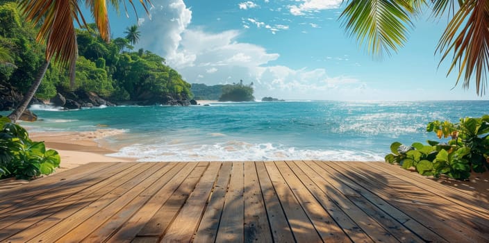 A beautiful beach scene with a wooden boardwalk and palm trees by AI generated image.