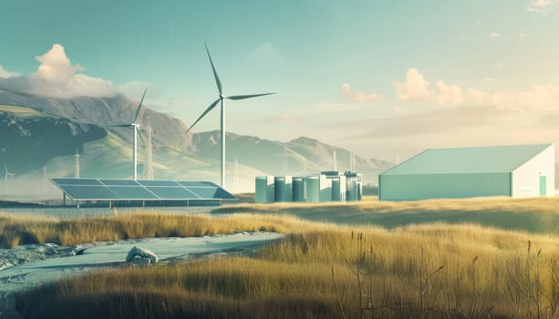 A wind farm with a large building in the background by AI generated image.