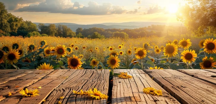 A wooden table with a view of a field of yellow sunflowers by AI generated image.