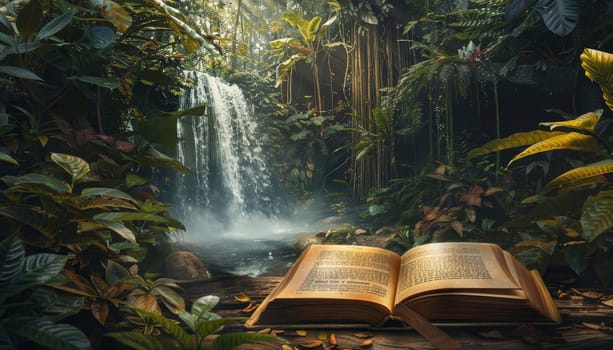 A book is open on a waterfall by AI generated image.