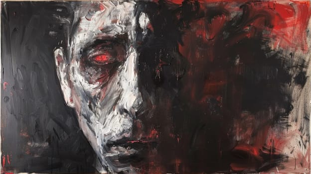 A painting of a man with red eyes and black hair