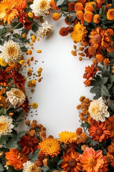 A wreath of orange and yellow flowers with a white background