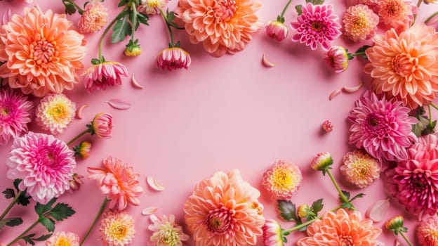A pink background with many flowers arranged in a circle