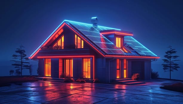 A house is shown in a futuristic style with a lot of lights and wires by AI generated image.