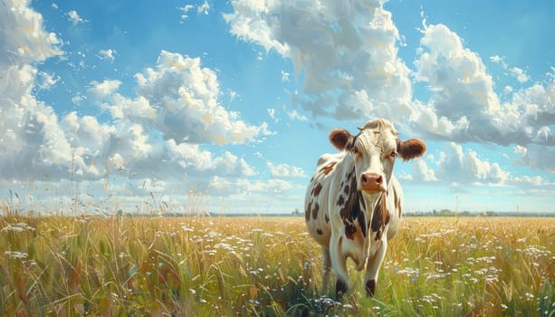 A cow is standing in a field of grass by AI generated image.