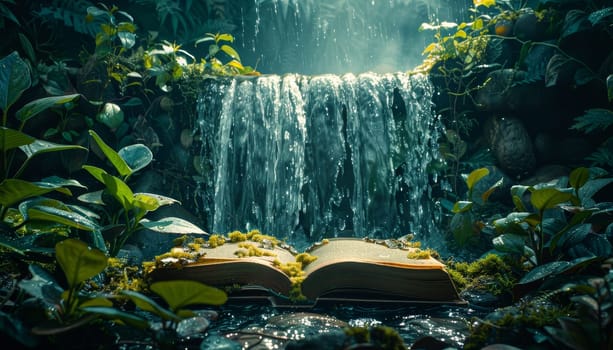 A book is open on a waterfall by AI generated image.