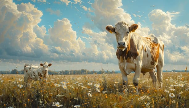 Two cows standing in a field with a beautiful landscape in the background by AI generated image.