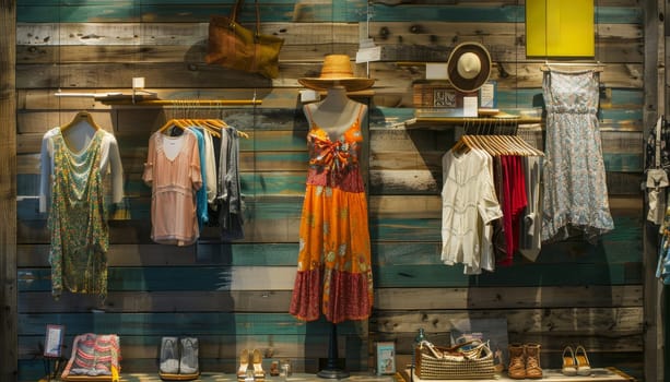 A clothing store with a blue wall and a variety of clothes on display by AI generated image.